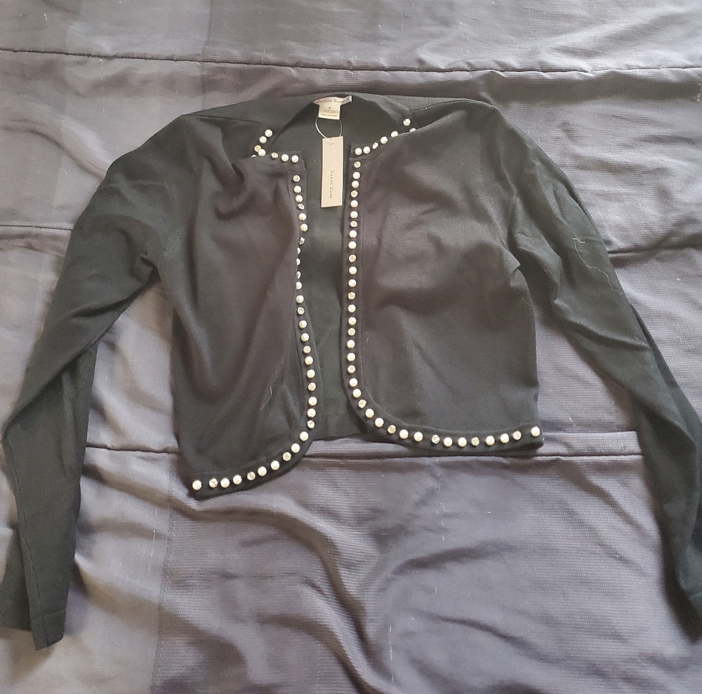 NWT women small black cardigan pearl accent